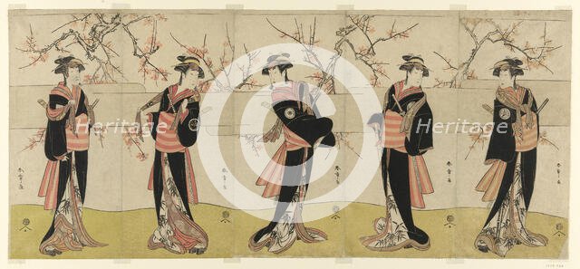 The Actors Segawa Kikunojo III as Karigane Obun, Nakayama Tomisaburo I as An no Oyasu..., c. 1792. Creator: Shunsho.