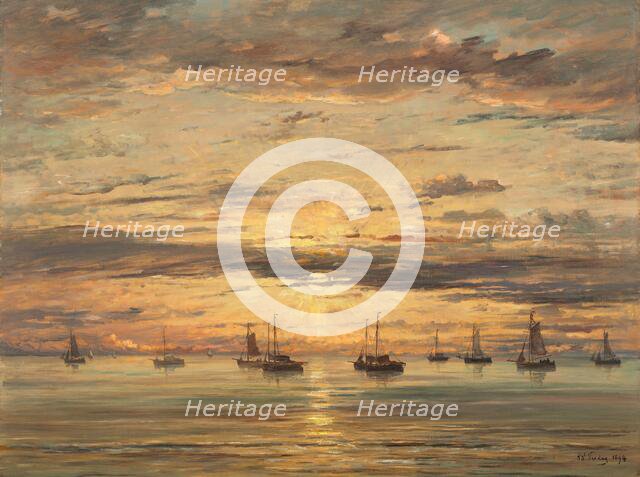 Sunset at Scheveningen: A Fleet of Fishing Vessels at Anchor, 1894. Creator: Hendrik Willem Mesdag.