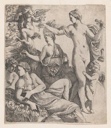 Venus, standing with the three Graces, is offered a flower from a putto, 1607-61. Creator: Pierre Biard.