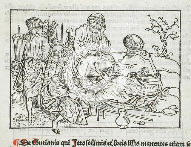 Syrian Vineyard Workers Pausing for a Meal (recto); Text with Table (verso), published 1486. Creator: Erhard Reuwich.