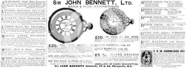Advertisement for Sir John Bennett, Ltd., Watch & Clock Manufacturers, 1890. Creator: Unknown.