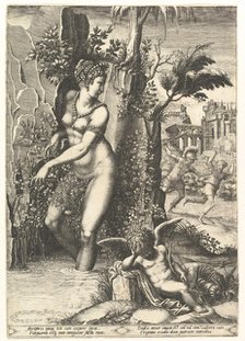 Venus pricked by the thorns on a rose bush, in the background Mars chasing Adonis, in the ..., 1556. Creator: Giorgio Ghisi.