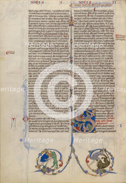 Initial S: Christ Delivering a Scroll to a Man; Abbey Bible, about 1250-1262. Creator: Unknown.