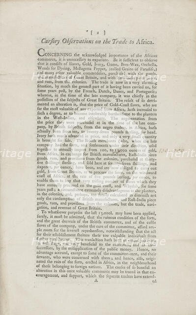 Cursory Observations on the Trade to Africa, 1778-05-04. Creator: Unknown.