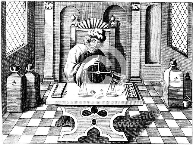 Assayer testing samples of gold or silver using a balance, 1683.  Artist: Lazarus Ercker