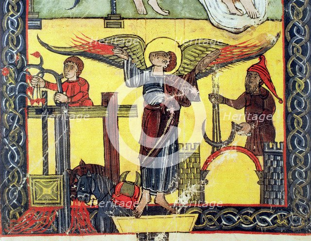 Harvest, grape harvest and the winepress of the wrath of God, detail, miniature in the 'Beatus of…