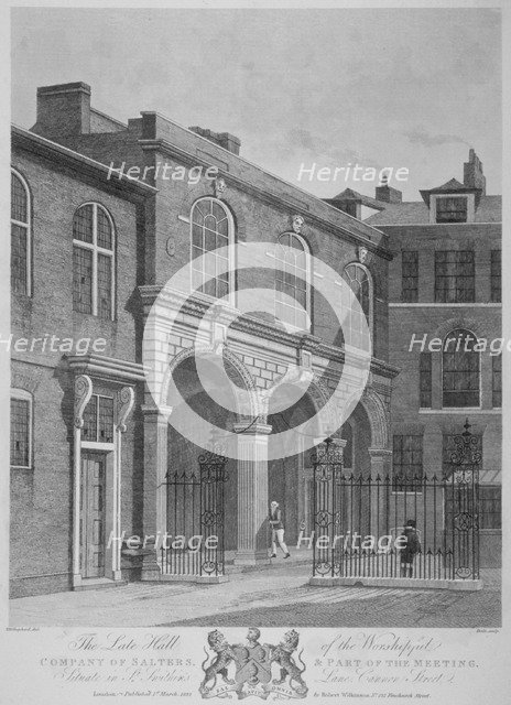 Salters' Hall and part of the Salters' Hall Chapel for Protestant Dissenters, City of London, 1822. Artist: Thomas Dale