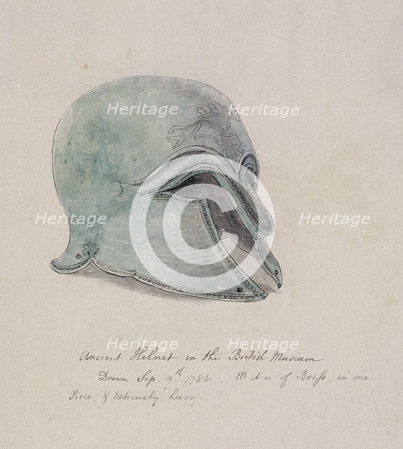 Ancient brass helmet from the British Museum, Holborn, London, 1784. Artist: William Angus