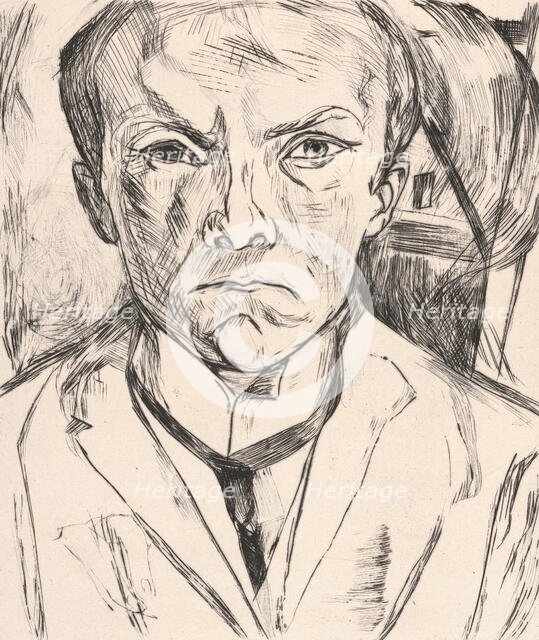 Frontal Self-Portrait with House Gable in Background (Selbstbildnis von vorn, im Hintergrund...,1918 Creator: Max Beckmann.