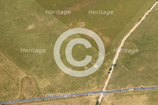 Parch mark of former WW1 military airfield which closed in 1921, Stonehenge Down, Wiltshire, 2022 Creator: Damian Grady.