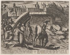 Plate 36: Civilis and Cerialis Meet on a Broken Bridge to Reach an Accord, from The War of..., 1611. Creator: Antonio Tempesta.