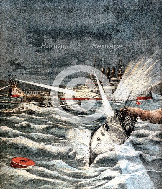 Japanese torpedo boats making surprise attack, Russo-Japanese War, 1904. Artist: Unknown