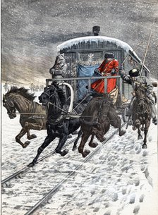 Crossing of Russian military wagons on Lake Baikal, during the Russo - Japanese war of 1904, draw…