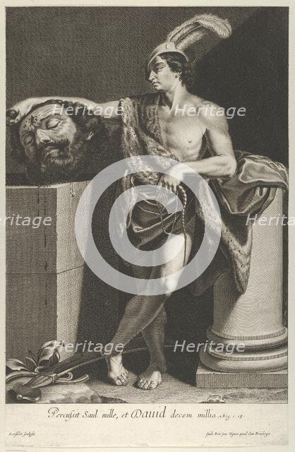 David standing with crossed legs and holding the head of Goliath on a pedestal at l..., ca. 1635-45. Creator: Gilles Rousselet.