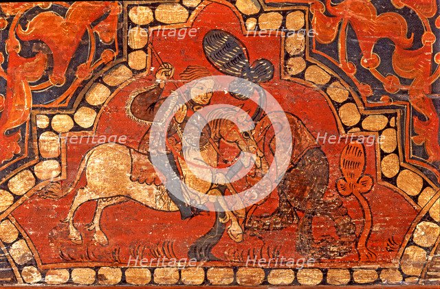  'Fight of a knight against a dragon', coffered ceiling, detail of a polychromed beam.