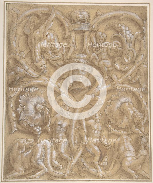 Design for an Ornamental Panel with Rinceaux, Satyrs, Putti, Monsters and a Human Head, 1535-45. Creator: Attributed to Giulio Campi.