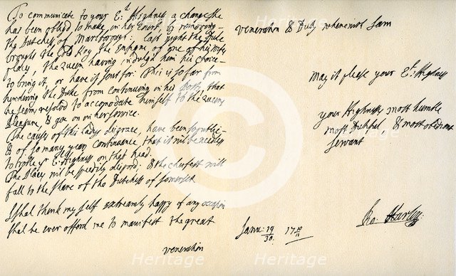 Letter from Robert Harley, Earl of Oxford, to the future King George I, c1711.Artist: Robert Harley, Earl of Oxford