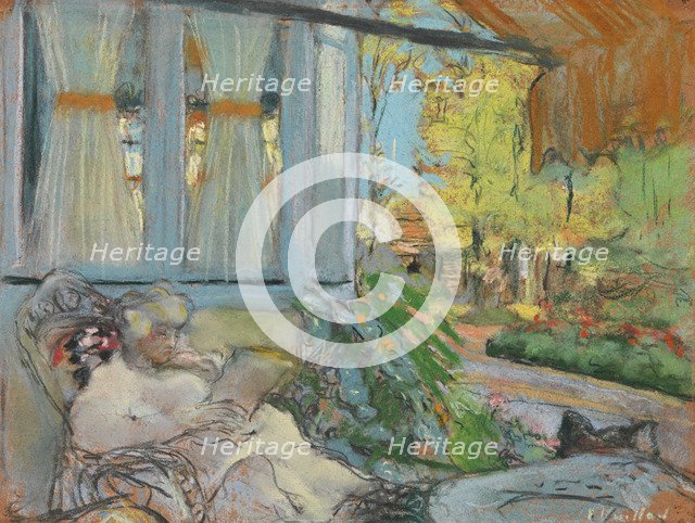 Madame Hessel reading on Cézanne's enclosed terrace.