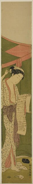 Woman Standing beside a Mosquito Net Reading a Letter, c. 1768/69. Creator: Suzuki Harunobu.