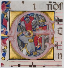Manuscript Illumination with the Martyrdom of Saint Stephen in an Initial E..., c1394-1402. Creator: Niccolo di Giacomo da Bologna.
