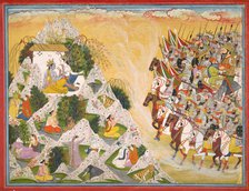 Jarasandha's army advances toward Krishna and Balarama, folio from a Mahabharata, ca. 1800-1815. Creator: Purkhu.