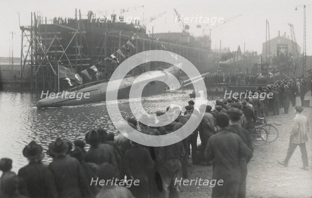 Launching of a submarine, Kockums shipyard, Malmö, Sweden, 1921. Artist: Otto Ohm