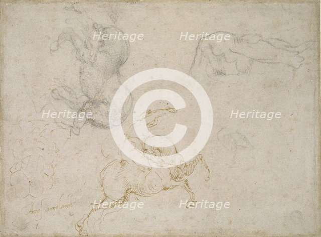 A Horseman charging and other Studies, 16th century. Artist: Michelangelo Buonarroti.