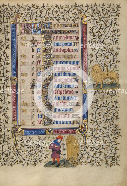 Calendar Page for July: Harvesting Wheat: Leo; Book of Hours, about 1410. Creator: Unknown.