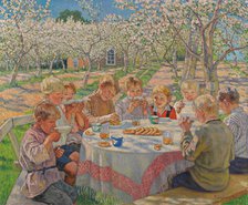 Tea In The Apple Orchard. Creator: Bogdanov-Belsky, Nikolai Petrovich (1868-1945).
