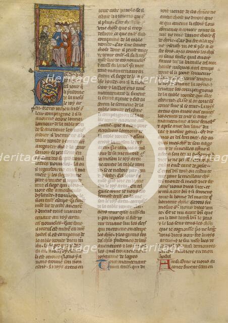 Tristan Speaking to King Arthur, Queen Genevieve, and Knights, about 1320-1340. Creator: Jeanne de Montbaston.