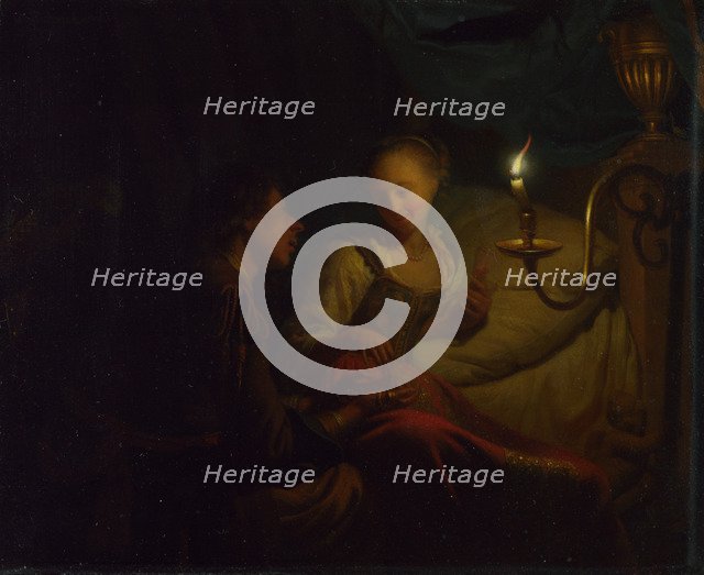 A Candlelight Scene. A Man offering a Gold Chain and Coins to a Girl seated on a Bed, ca. 1665-1667. Artist: Schalcken, Godfried Cornelisz (1643-1706)