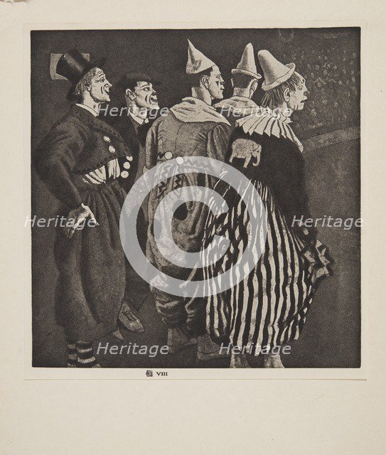 Five Clowns, pub. 1926. Creator: Laura Knight (1877 - 1970).