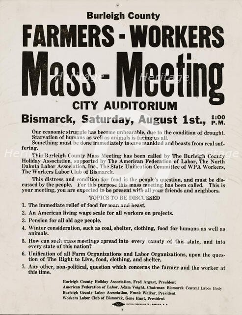Mass meeting poster. Burleigh County, North Dakota,  1937-08. Creator: Russell Lee.