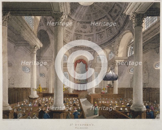 Interior of the Church of St Stephen Walbrook during a service, City of London, 1809. Artist: Augustus Charles Pugin