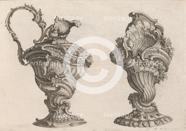 Designs for a Ewer and a Lidded Vase, Plate 2 from: 'Schöne und auf die neu..., Printed ca. 1750-56. Creator: Jeremias Wachsmuth.