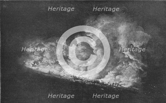 'Le Zeppelin Abattu; Dans la banlieue de Londres; L'incendie du "L21", abattu a Cuffley', 1916. Creator: Unknown.