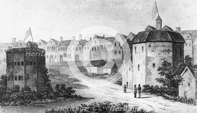 Globe Theatre, Bankside, Southwark (right) and the Bear Garden, c1597 (1825). Artist: Unknown