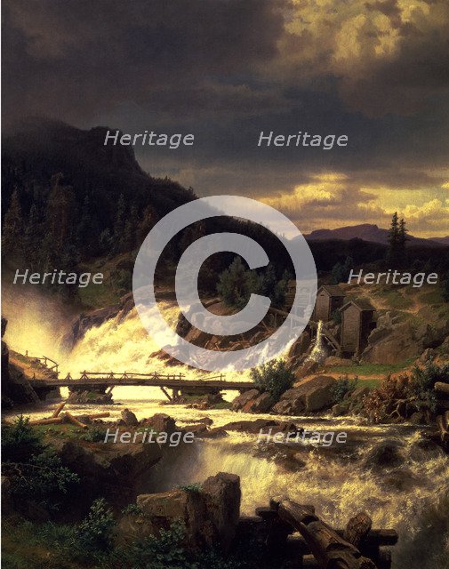 Landscape with waterfall in Norway', oil on canvas by Erik Bodom.