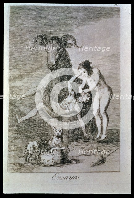 Los Caprichos, series of etchings by Francisco de Goya (1746-1828), plate 60: 'Ensayos' (Trials),…