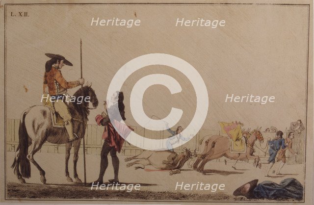 Picador riding and dragging the bull, colored engraving by Antonio Carnicero.