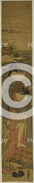Young Woman Drops her Geta as She Boards a Boat, c. 1773. Creator: Isoda Koryusai.