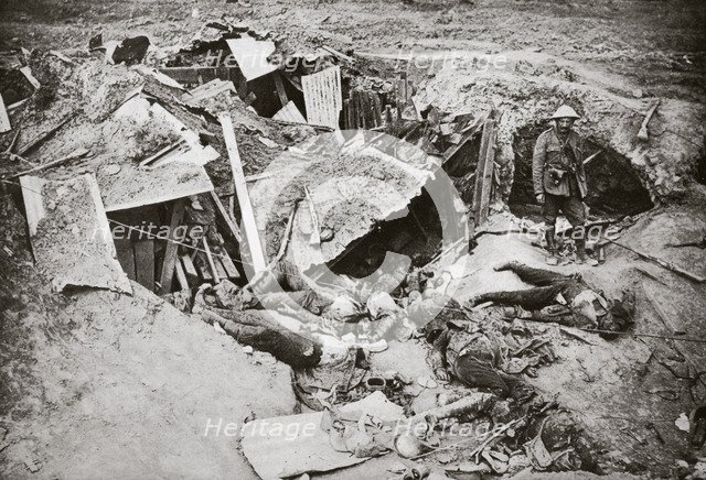 German machine-gun emplacement destroyed by British artillery fire, France, World War I, 1916. Artist: Unknown