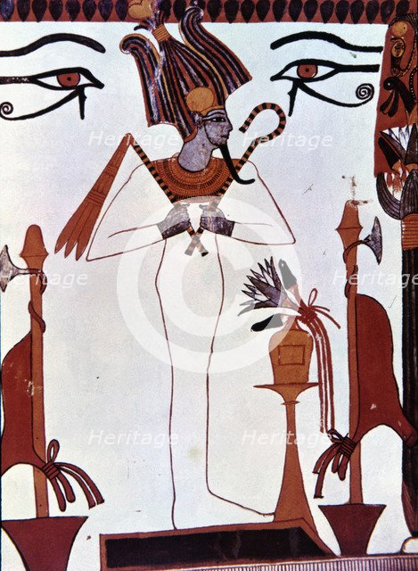 The god Osiris scepter and whip Chapel fresco Sennutam.