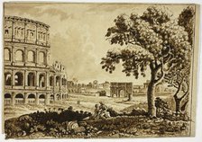 View of Roman Colosseum and Arch of Titus, with Couple in Foreground, n.d. Creator: Giuseppe Fini.