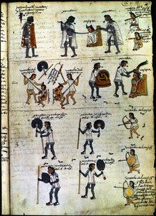 Codex Mendoza (1535 - 1550), hieroglyph depicting the execution and destruction of a rebel... Creator: Unknown.