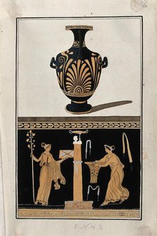 Above, red-figured Greek water jar (hydria) decorated with a palm motif; below..., 1760-9. Creator: Augustin Dahlsteen.