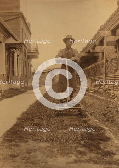 Dou Kee, Chinese servant, mowing the lawn, Dom Smith, Vladivostok, Russia, 1899. Creator: Eleanor Lord Pray.