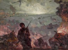 Silhouette of soldier with bayonet in foreground of coastal attack scene..., between 1939 and 1946. Creators: Unknown, Central Office of Information.