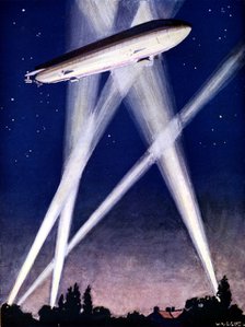 Zeppelin airship caught in searchlights during a bombing raid over England, 1916. Artist: Unknown