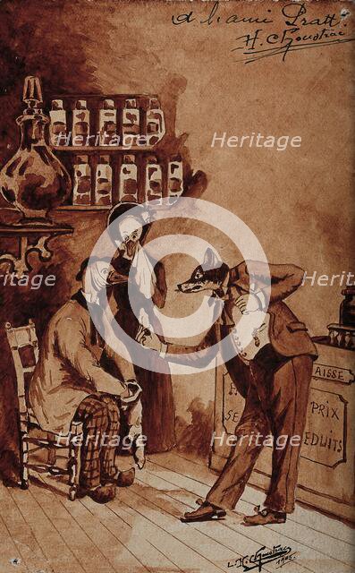 A pharmacy: the pharmacist (a fox) tries to sell medicines to a customer in pain..., 1905. Creator: LH Choustrac.